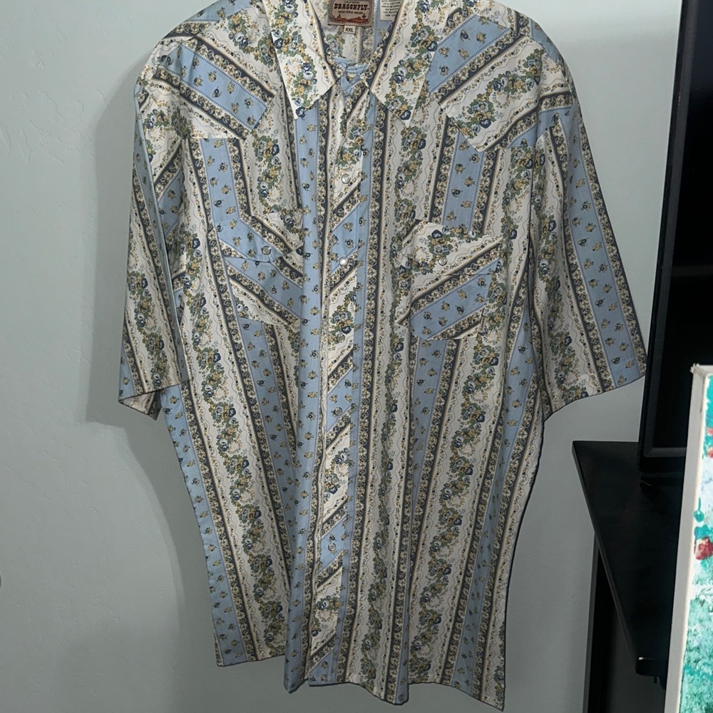 California Dragonfly Western Wear Men's Light Blue Floral Button-Down Shirt XXL